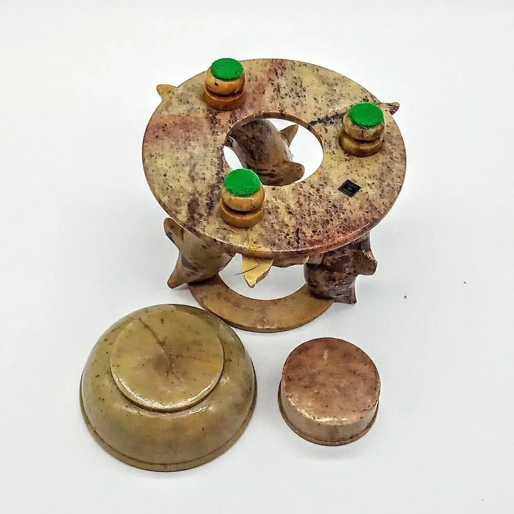 Three Stone Dolphins Carved Candle Incense Holder